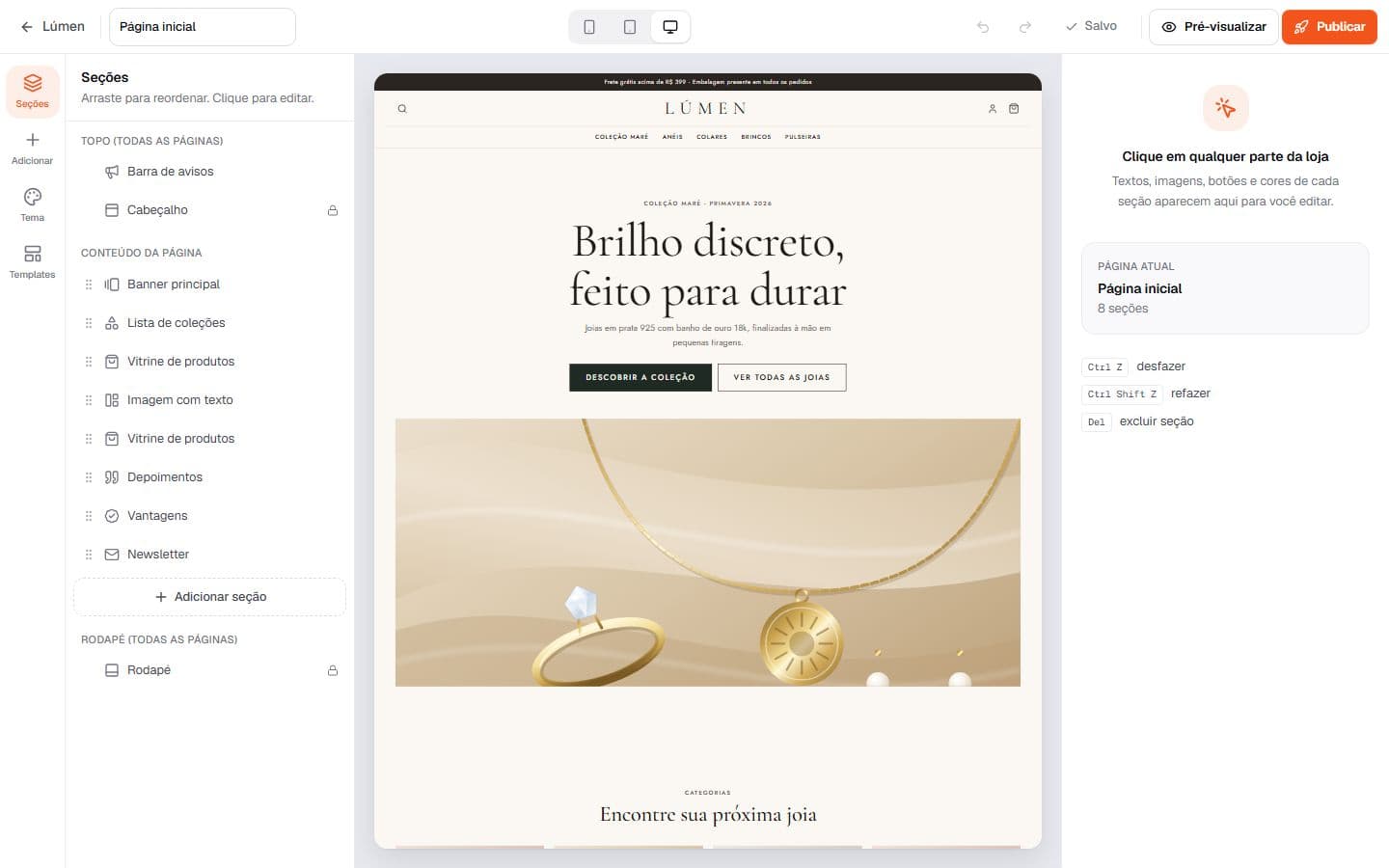 Editor visual da Vitruni com a lista de seções e a prévia da loja